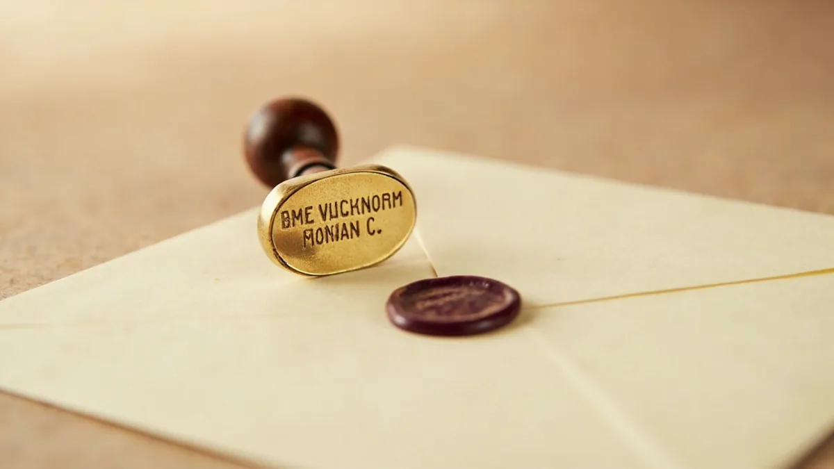 Editorial photograph of a vintage hand-stamped seal press on parchment paper
