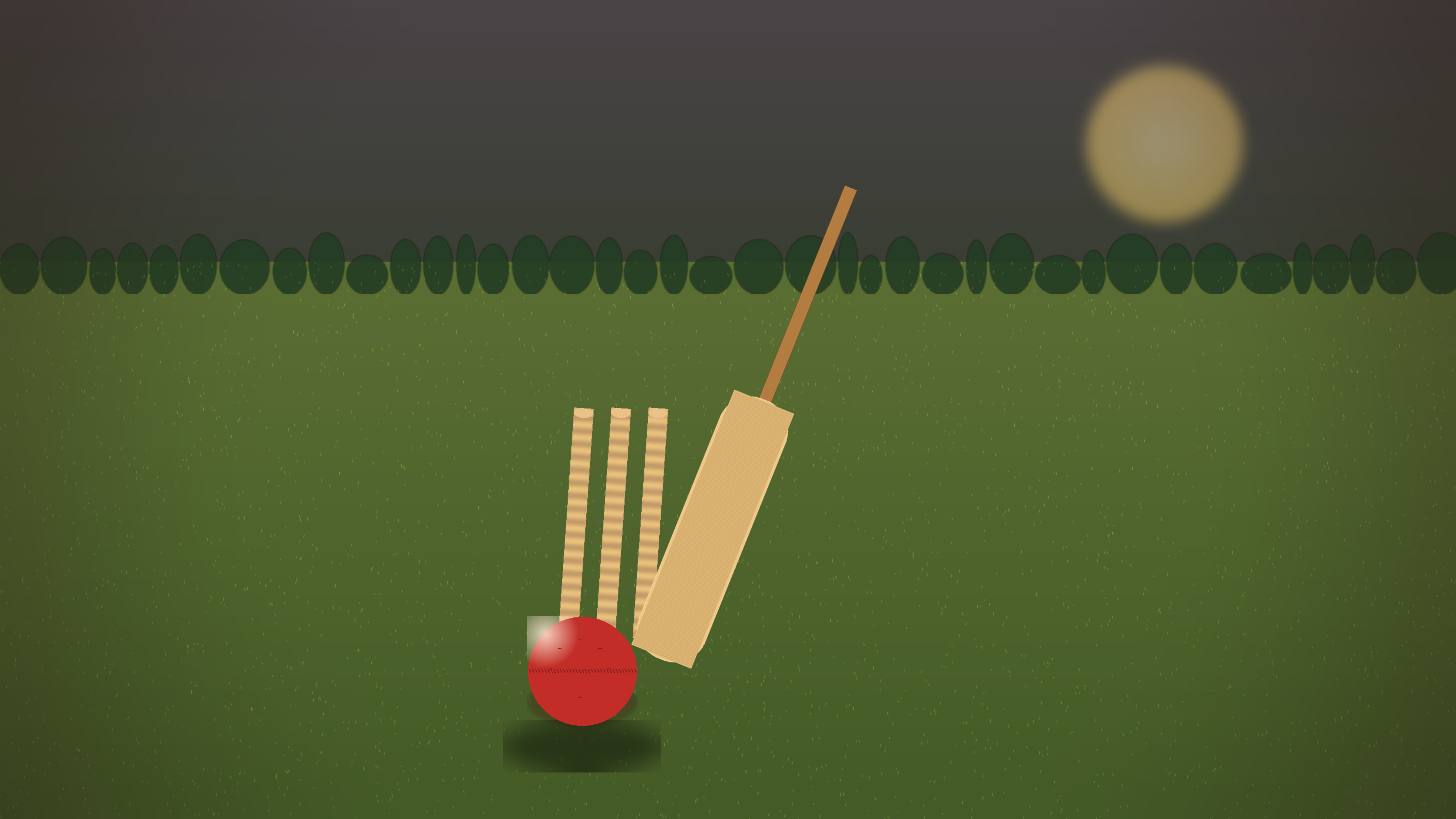 Tabletop cricket match setup: red leather ball, wooden stumps, garden backdrop in golden light.